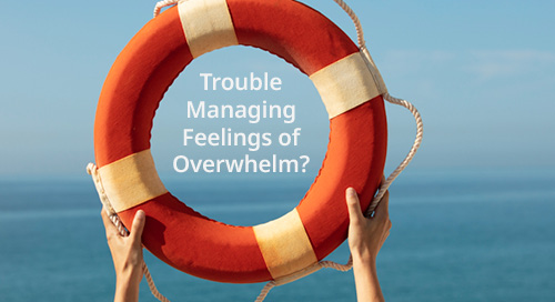 A person holding a life ring with the text 'Trouble Managing Feelings of Overwhelm?' on it, against a serene ocean background.