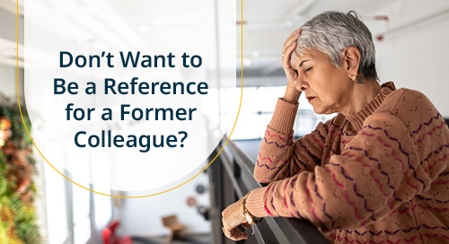 A concerned older woman touching her forehead, reflecting on a difficult decision about serving as a reference for a former colleague, with text overlay asking if one should provide a reference.