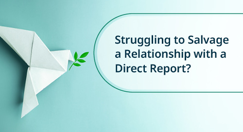 A paper origami bird holding a green leaf with the text: 'Struggling to Salvage a Relationship with a Direct Report?'