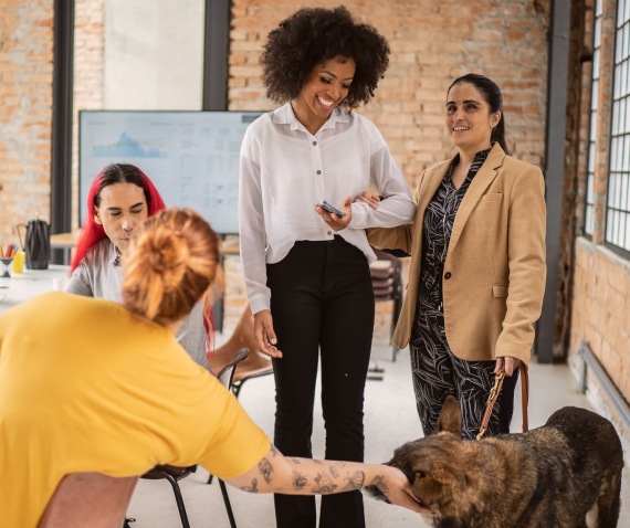 office group with dog