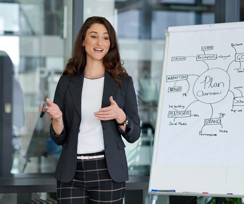 women at white board