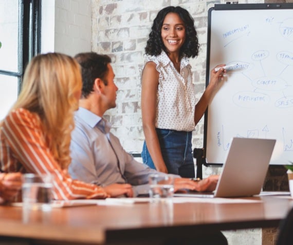 Woman working at white board